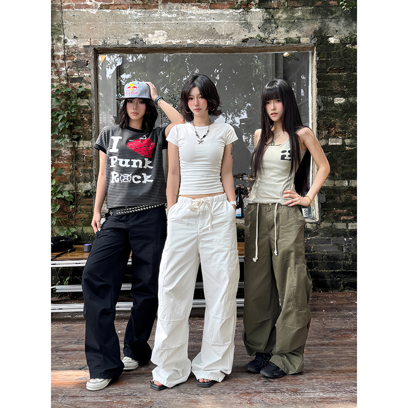 Luminelle American-Style White Cargo Pants, Summer Straight-Leg Wide-Leg Pants with Adjustable Cuffs, Loose Casual Pants, Paratrooper Pants