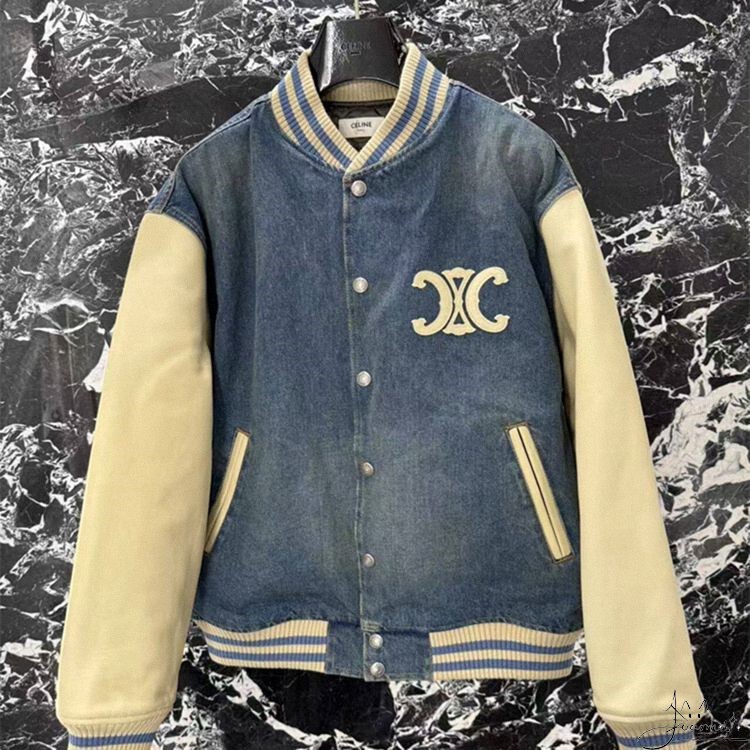 Celine Celine New Style Denim and Leather Baseball Jacket with Velvet Embroidery Letters on the Front and Back for Women and Men