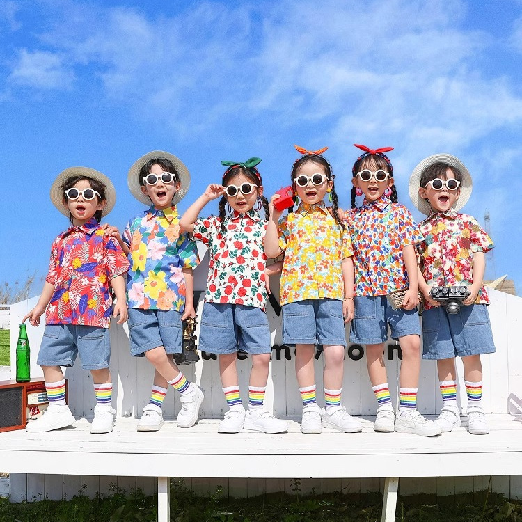 Sunshine Homebody Dance Costume Hong Kong Style Floral Shirt Modern Era Green Apple Paradise Retro Medley Performance Costume for Children