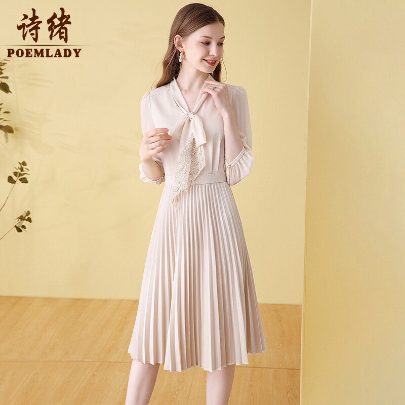 Poetry Mind Apricots Color Fashion 100 Plexu Splicing Tandem Dress Fake two 2023 new Fall Femininity Elegance 60020-Taobao