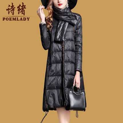 诗绪2018冬季时尚新款黑色长袖中长款立领围