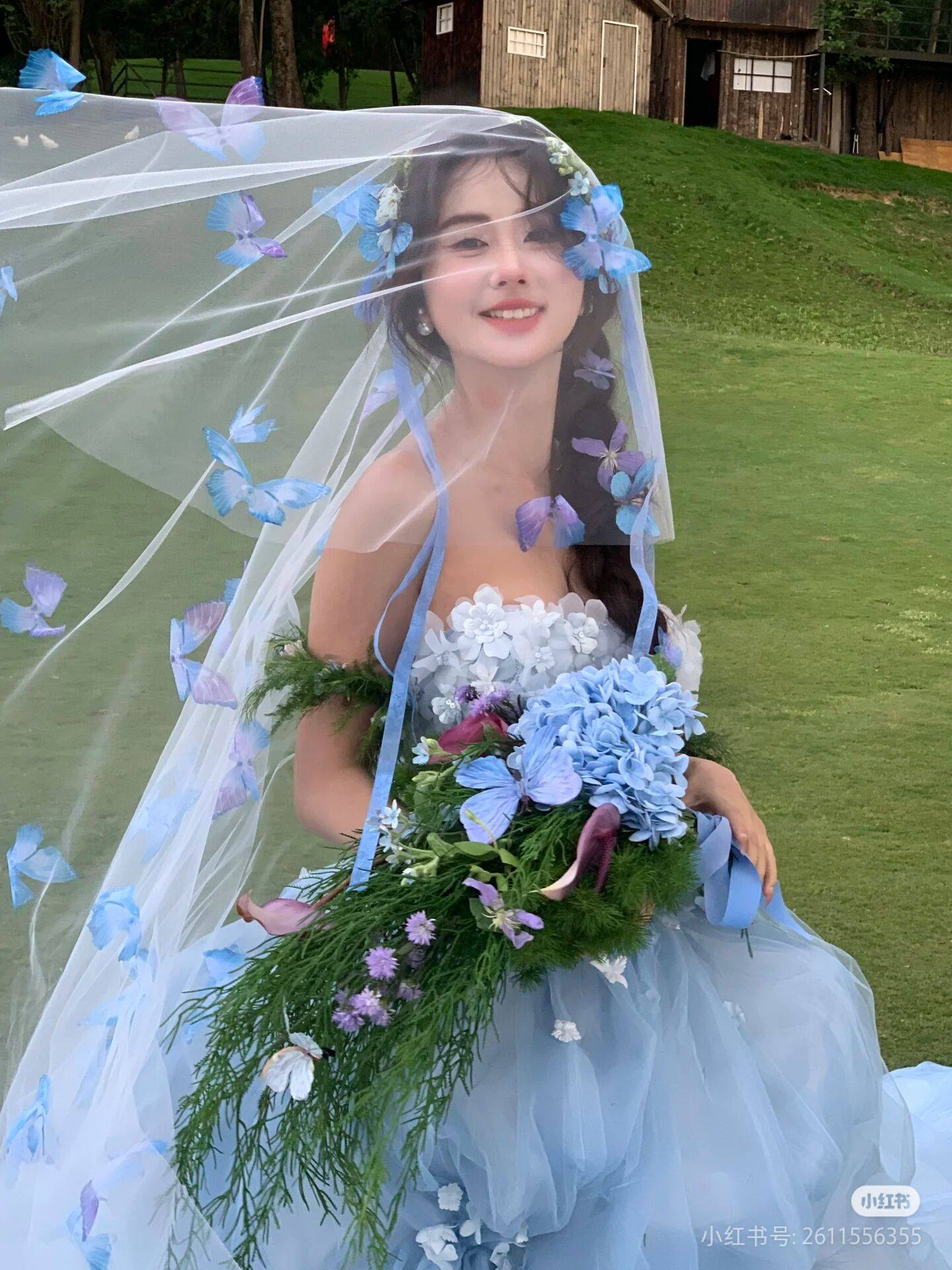 Bridal veil blue butterfly veil french retro lace classy flower