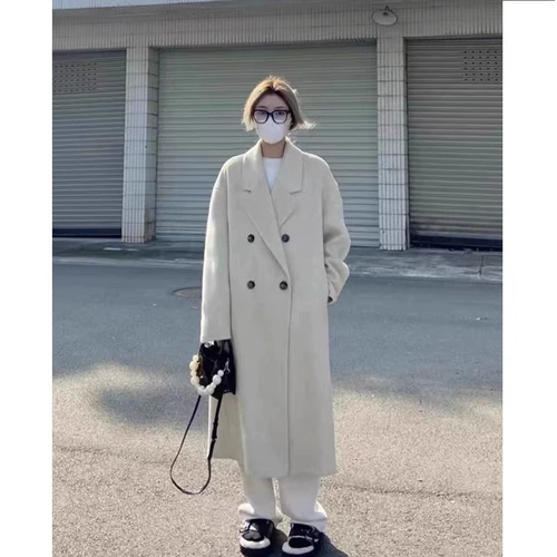 Длинное демисезонное шерстяное пальто, изысканный стиль, коллекция 2023, средней длины, увеличенная толщина