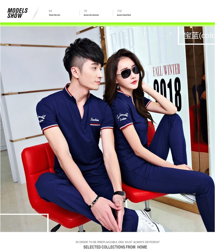 Mùa hè nam thể thao phù hợp với cặp vợ chồng giản dị đứng cổ áo quần ngắn tay mùa hè chạy thể thao nam và nữ hai mảnh - Thể thao sau bộ gió adidas