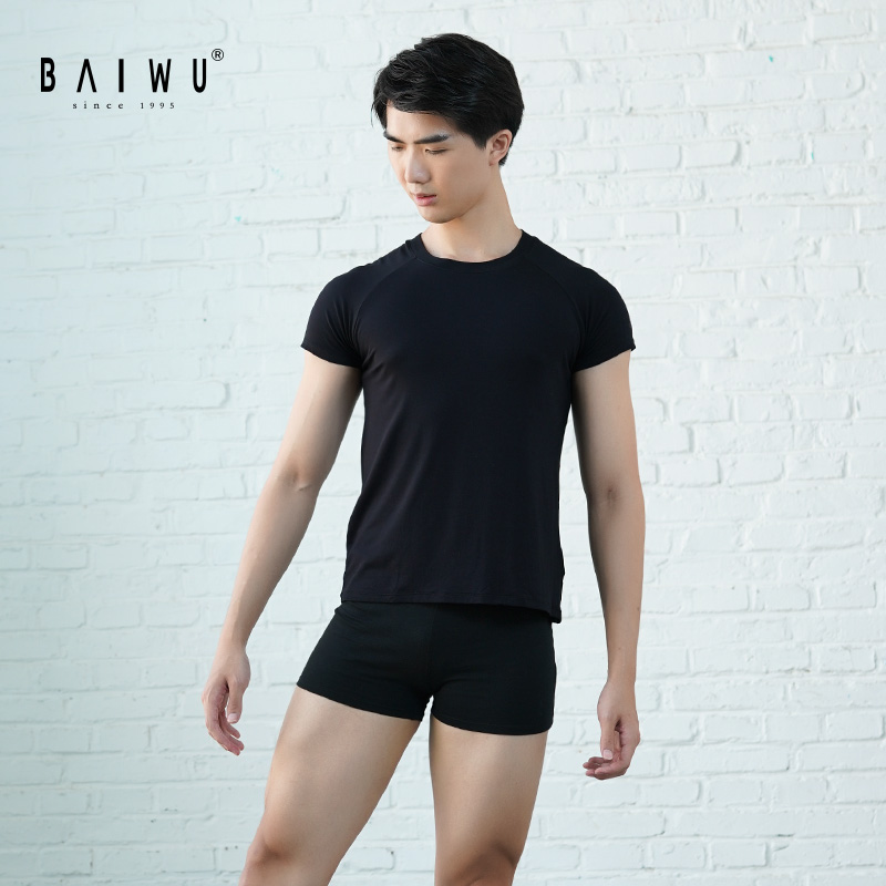 Kashiwaya dance suit short sleeve exercise suit male round neck black dance T-shirt slim white t top tight base training suit