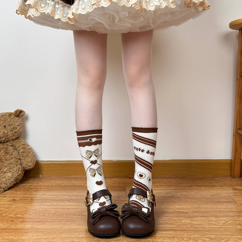 Fat Bear Story Chocolate Bear Japanese Spring and Autumn Lolita Socks Women's Coffee Brown Mid-Calf Socks Fat Bear Story Chocolate Bear Japanese Spring and Autumn Lolita Socks Women's Coffee Brown Mid-Calf Socks