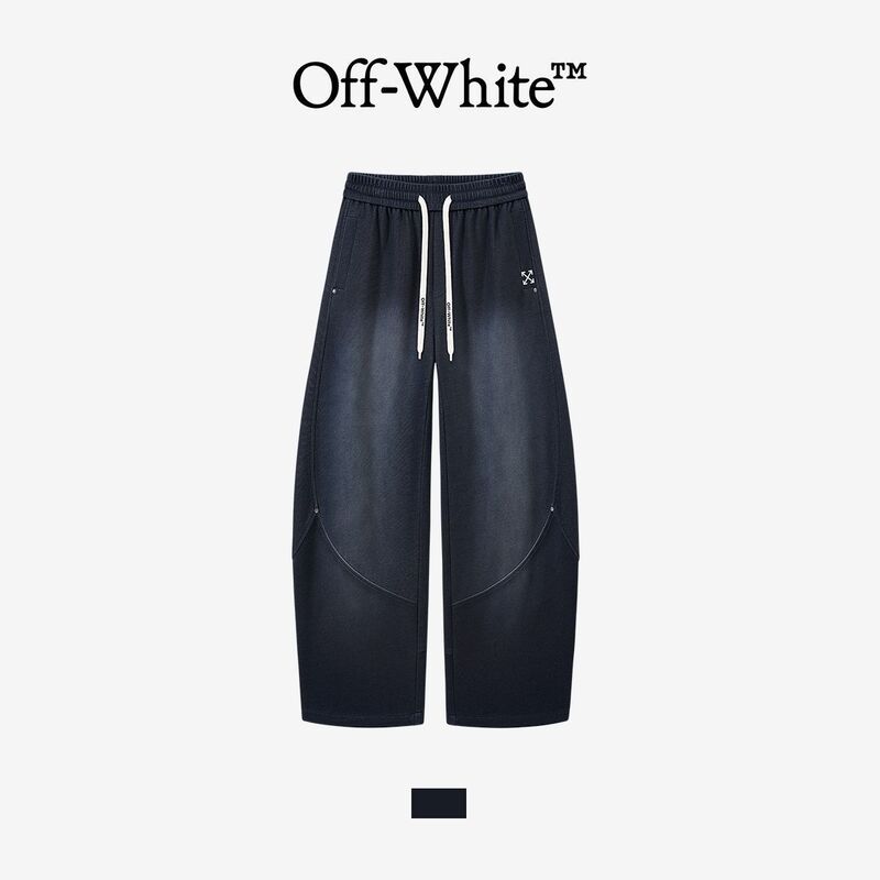 [Official Authentic Product] Off-White Casual Scimitar Pants with Arrow Embroidery and Print, Lace-Up Loose Denim Trousers