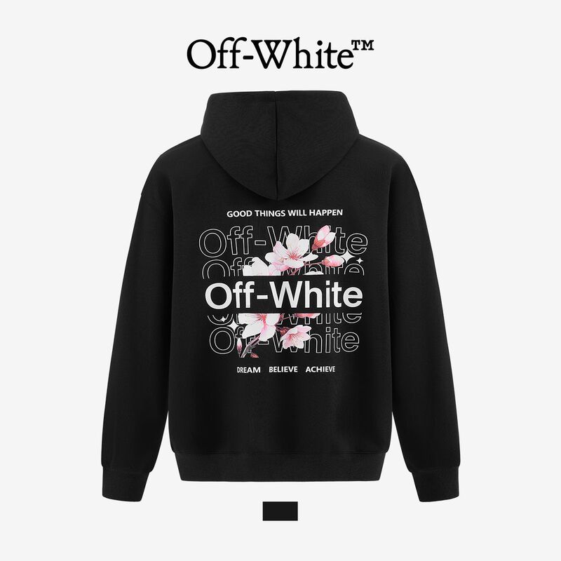[Official Authentic Product] Off-White Hooded Sweatshirt for Men and Women, Couple Style, Floral Embroidery Arrow Pullover Top