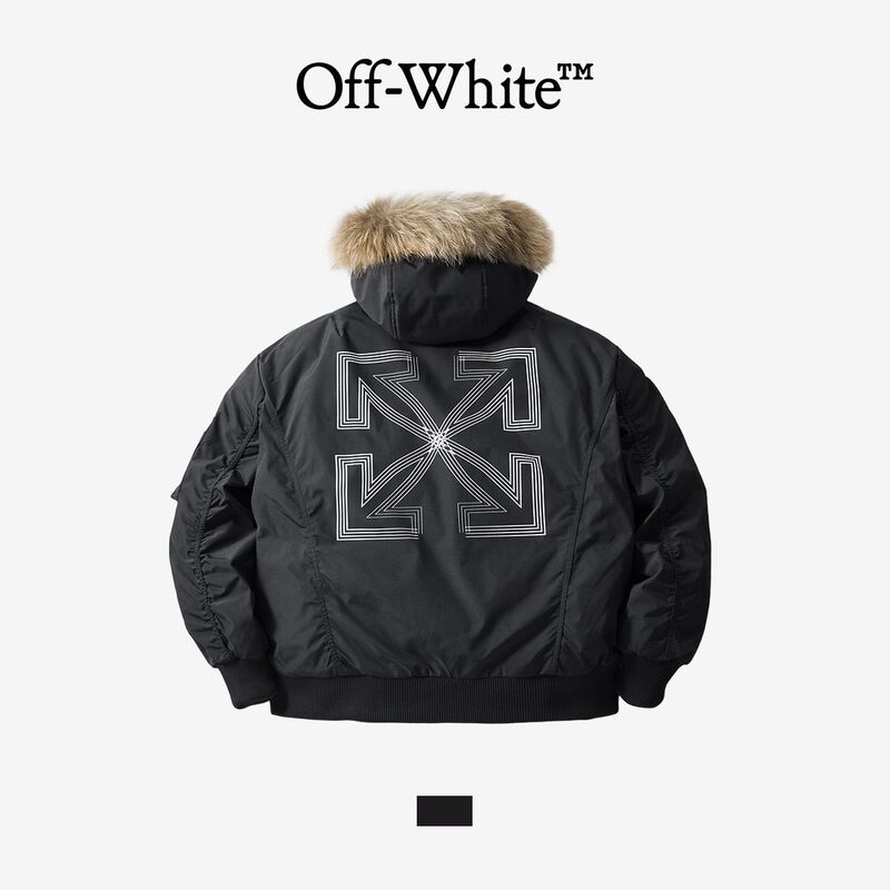 [Official Genuine Product] Off-White down Jacket for Men and Women, Couple Style, Embroidered, Detachable Hood, Large Fur Collar Parka