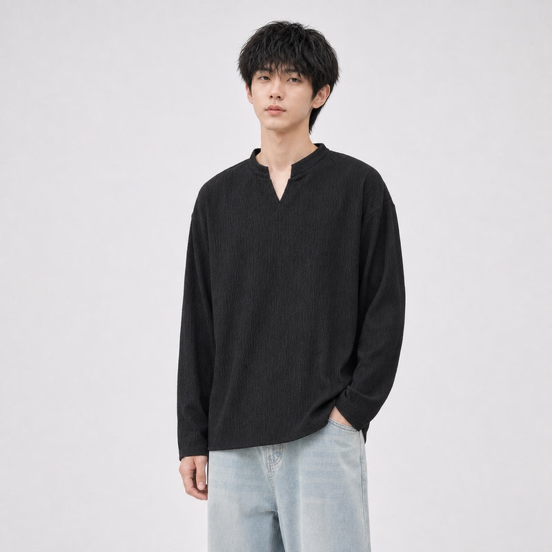 2026 Autumn Men's Black V-Neck Long Sleeve T-Shirt with Tree Bark Pattern, Simple Loose Fit Casual Base Shirt for Teenagers