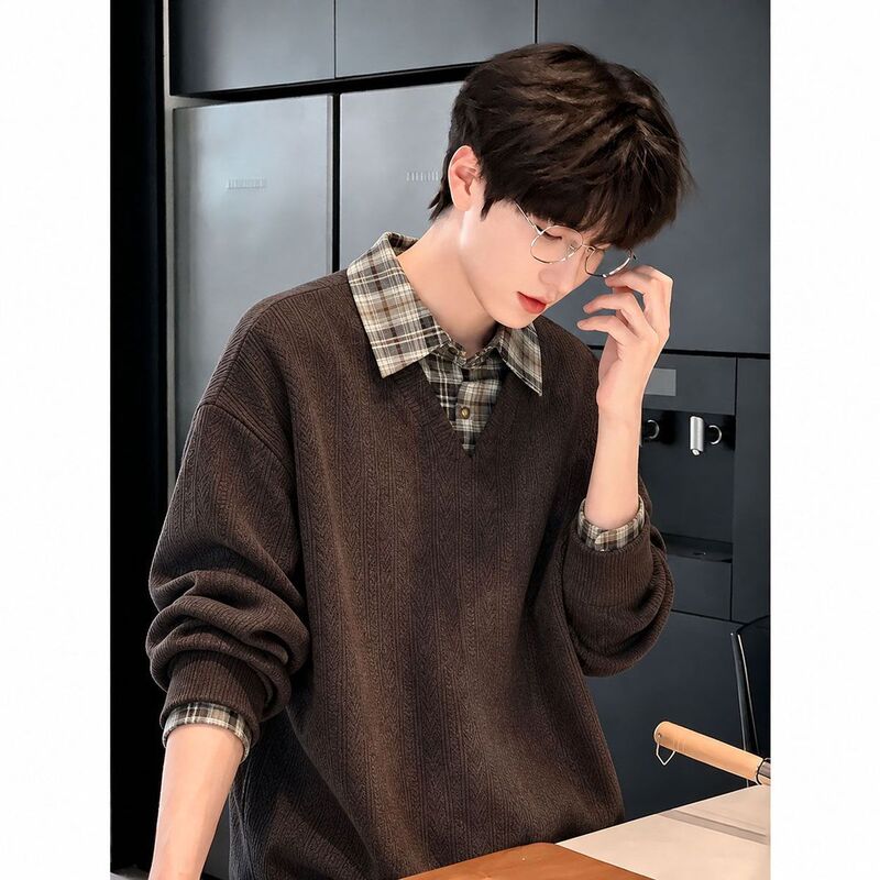 New Style Spliced Fake Two-Piece Long-Sleeve T-Shirt for Men, Spring and Autumn, Lazy Style, Loose Sweatshirt, Youth College Style Top