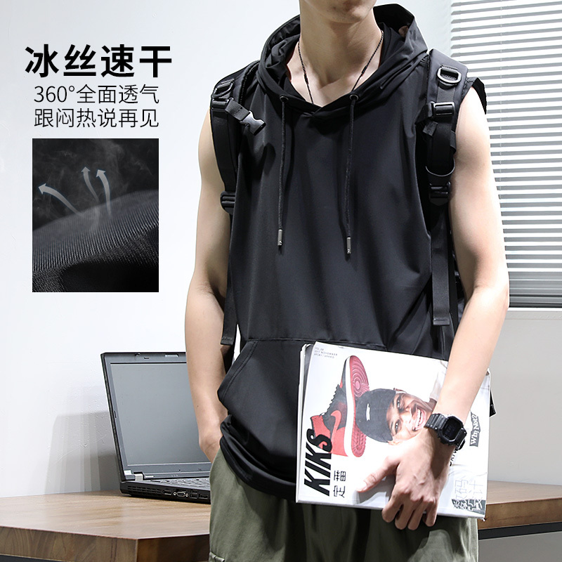 Summer Ice Silk Quick-Drying Hooded Vest Men's Basketball Sports Sleeveless Fitness Clothing Men's Loose Large Size Vest T-Shirt
