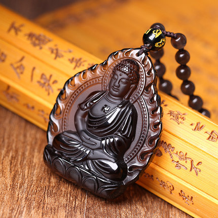 开光冰种黑曜石阿弥陀佛生肖属狗属猪本命佛守护神吊坠