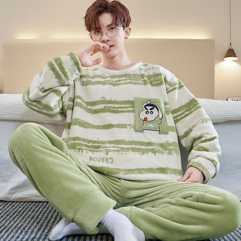 High School Student Pajamas for Men 2026 New Autumn and Winter Coral Fleece Boys' Big Kids and Teenagers Fleece-Lined Thickened Set