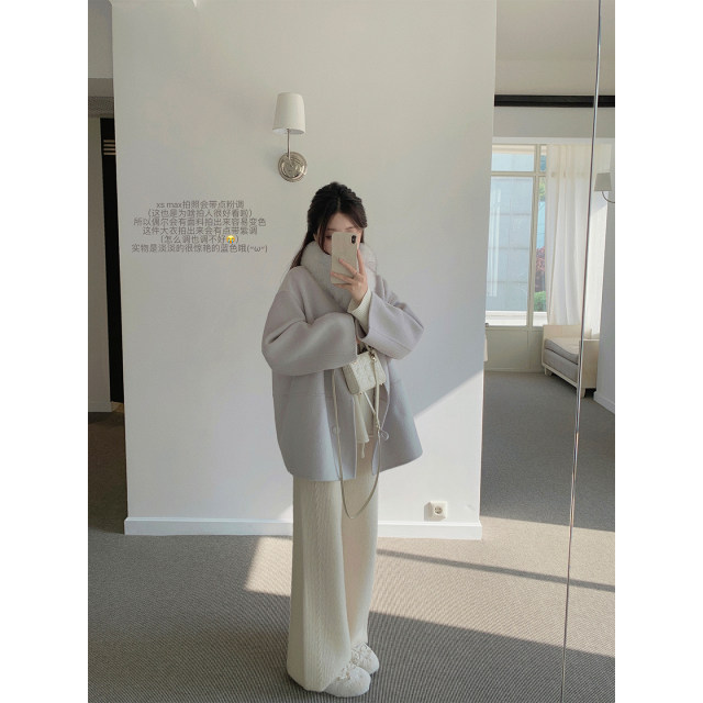 萌萌Ja 蓝灰旧调~100%羊毛双面呢大衣翻领真狐狸毛领上衣外套秋冬