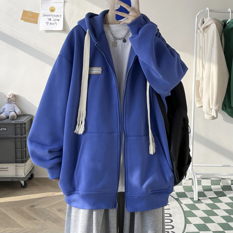 Hong Kong Style Hooded Sweatshirt for Spring, Autumn and Winter, Fleece-Lined and Thickened, Loose-Fitting Top for Men and Women, Couple Style, Solid Color Cardigan with Zipper Hong Kong Style Hooded Sweatshirt for Spring, Autumn and Winter, Fleece-Lined and Thickened, Loose-Fitting Top for Men and Women, Couple Style, Solid Color Cardigan with Zipper