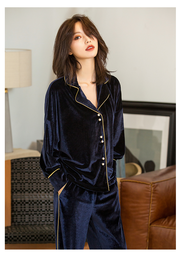 Bộ đồ ngủ nữ mùa thu đông mới có thể mặc đồ gia đình Hàn Quốc chất liệu nhung vàng rắn màu Bộ đồ ngủ nữ dài tay hai dây kiểu áo đồ bộ