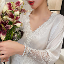 Ice Silk Spring Autumn Silk Pyjamas Woman Sensation 2022 New V-collar long sleeves can be worn outside the lace Home Suits Suit
