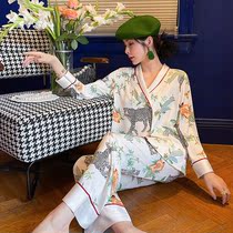 2022 Spring new female silk golden money leopard Home Superior Sense Extras Wear Thin models Long sleeves Printed Pyjamas Women