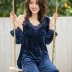 Bộ đồ ngủ nữ mùa thu và nhung vàng ba mảnh phiên bản Hàn Quốc của bộ đồ phục vụ gia đình phần mỏng Bộ đồ ngủ gợi cảm có thể mặc áo dài tay cho phụ nữ thời trang mặc nhà Bên ngoài ăn mặc