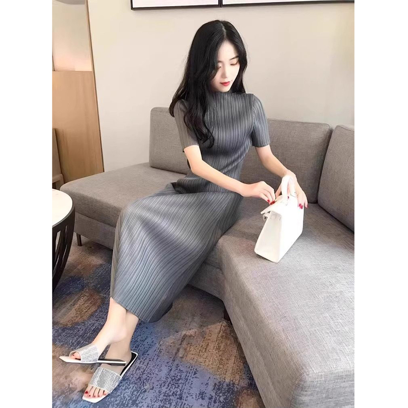 Japanese Issey Miyake New Pleated Dress, Fashionable Solid Color Straight Drape, Plus Size, Elegant Korean Style Long Dress