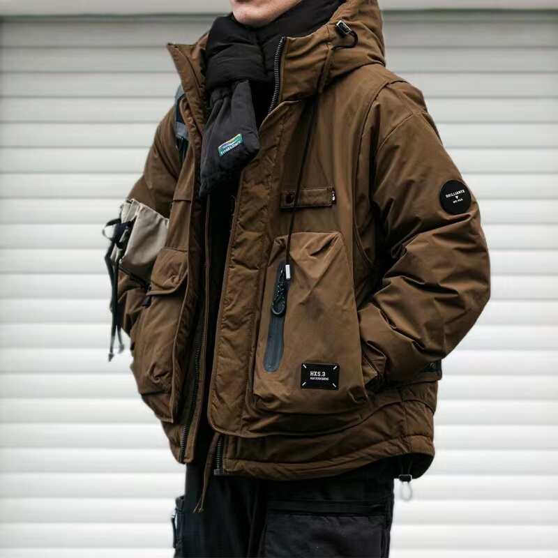 Winter Workwear Hooded down Jacket for Men, Trendy Brand, Loose Fit, Outdoor, Multi-Pocket, Functional, 90% White Duck Down, Warm Coat, Trendy