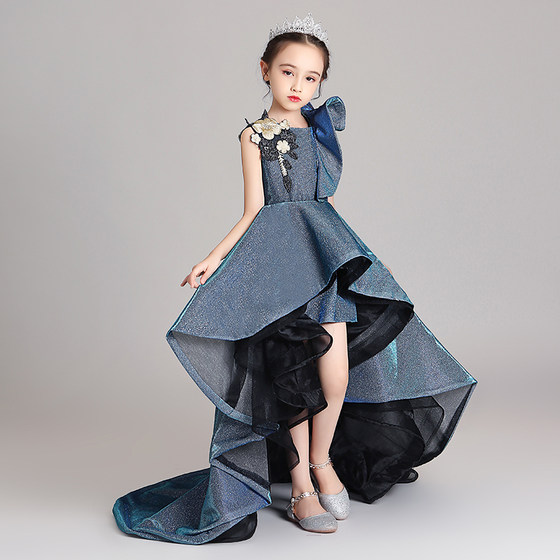 Girls' birthday evening dress with tail princess dress high-end catwalk children's host piano performance costume blue