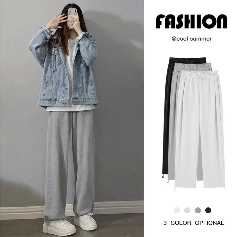 American grey sports pants female loose bunches Summer thin section 2022 New straight drum wide leg loose casual thick cotton pants