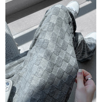 Chessboard Lattice Broadlegged Pants Woman Spring Autumn High Waist Pituality Casual Ins Tide Design Sensation Straight Drum Loose Grey Tug Pants