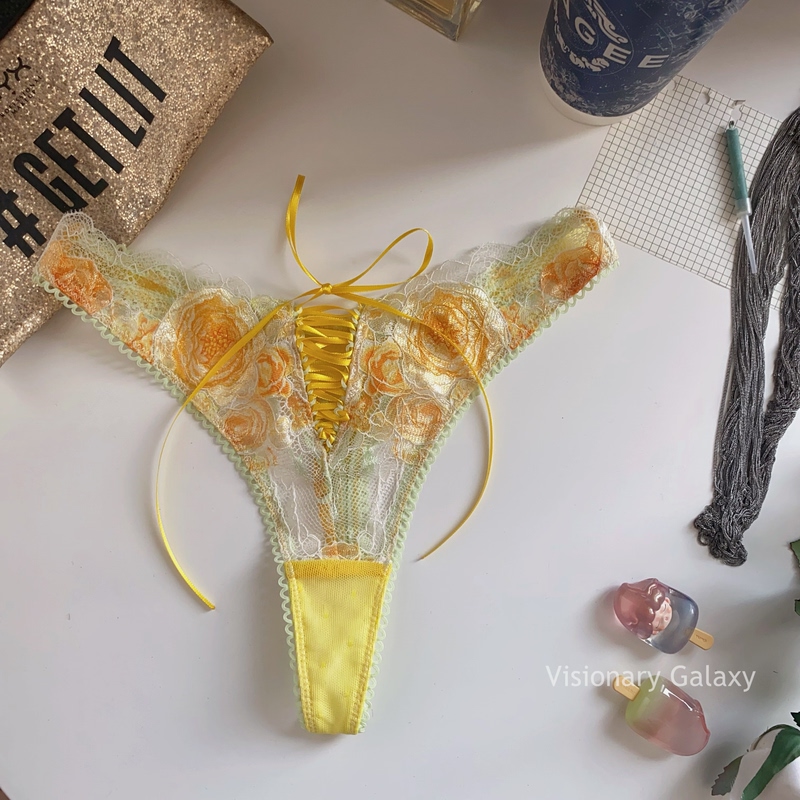 Galaxy Sunset Melting Gold Silk Tie-Up Rose Afternoon Glitter Pastoral Beautiful Mid-Waist Strappy Thong