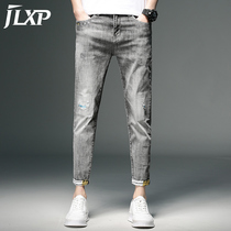 Summer smoke gray hole jeans mens tide Pai Gow pants mens slim small feet 9 points mens pants spring and summer models