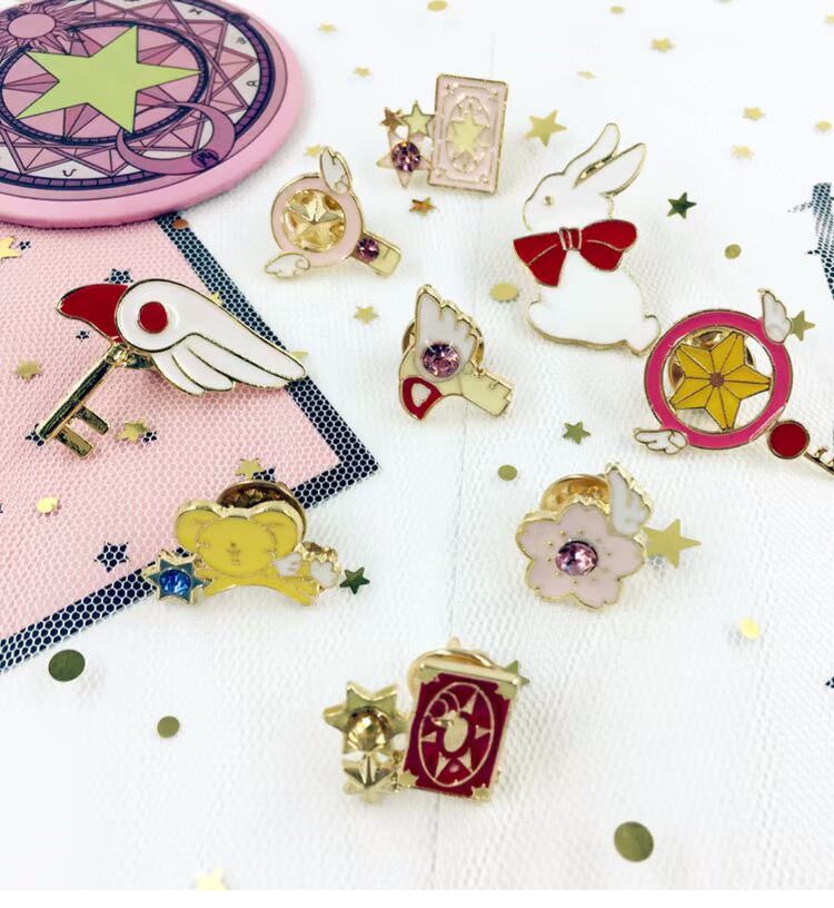 Huy hiệu Magic Sakura Kim loại dễ thương Nhật Bản Cô gái mềm mại Cô gái Trái tim Pin Trang sức Sinh viên Anime Trâm trâm hoa cài áo