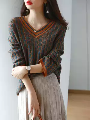 claudie pasey2020 autumn and winter New Vintage loose age wavy VAT V-neck colorblock knit top