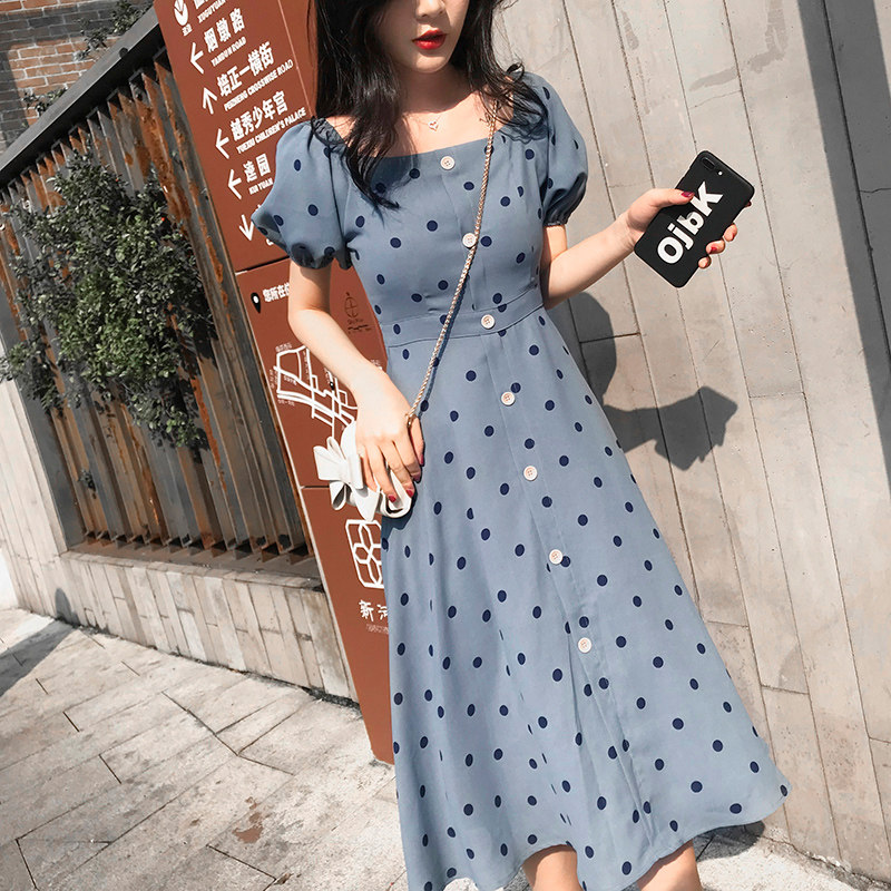 Claudie pasey2021 summer new dress women's collar wave point puff sleeves French waist and thin