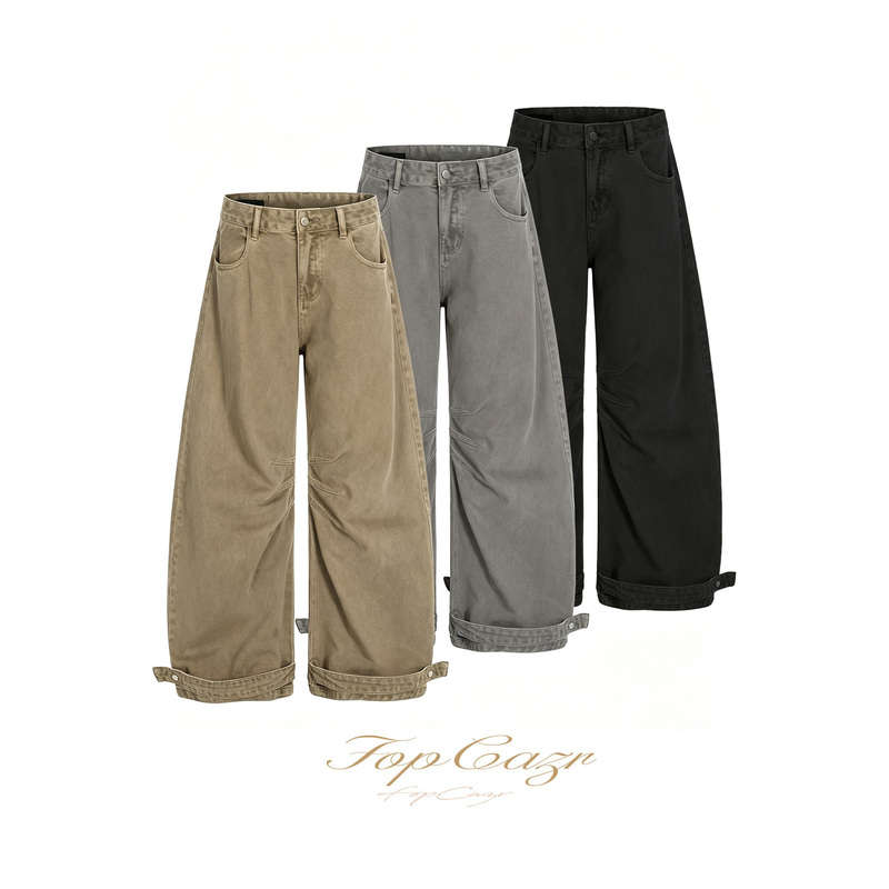 Fopcazr Khaki Casual Cargo Pants with Buttoned Cuffs and Pockets, New Style, Pure Cotton