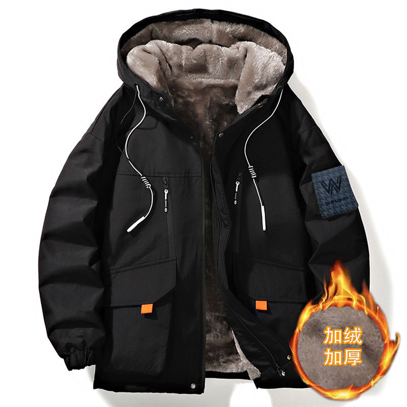 Winter Parka with Fleece Lining, Thick Cotton Jacket, Trendy Brand Hooded Loose-Fitting Warm Cotton Coat for Teenagers
