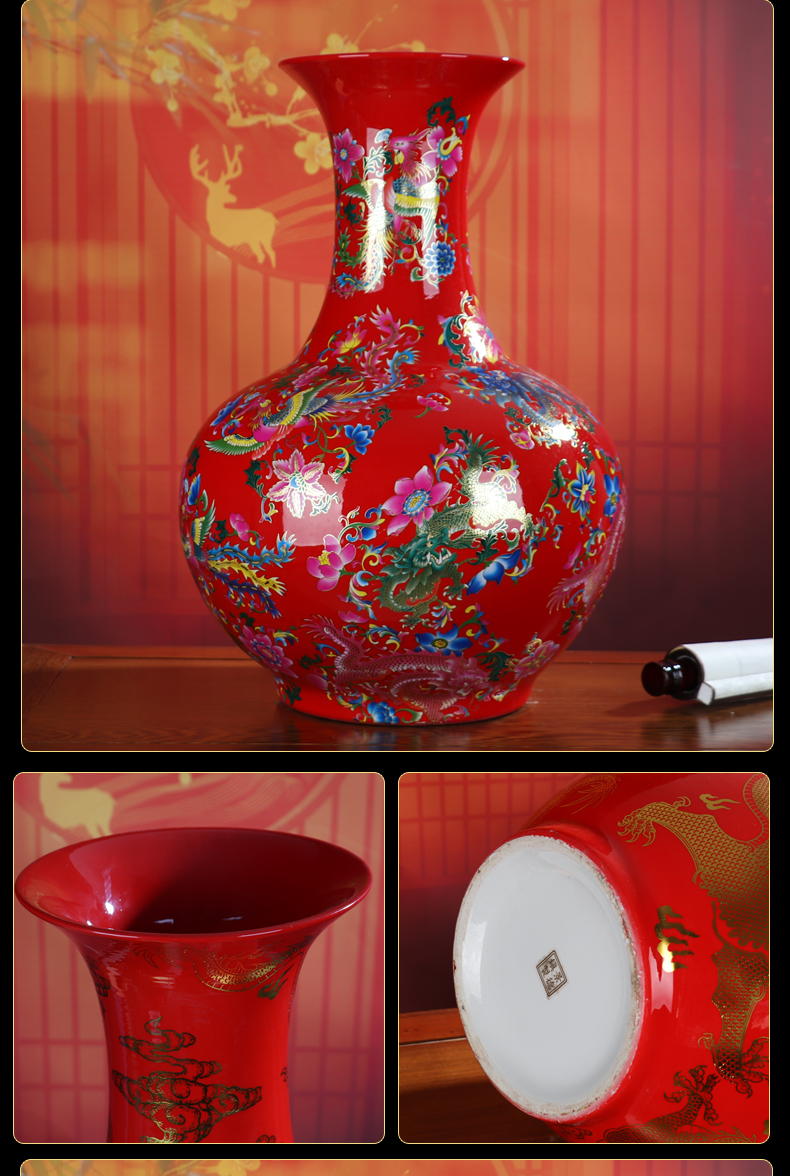 Chinese vase Chinese red crystal glaze ceramic vase landing place flower arranging large dragon porcelain jingdezhen sitting room