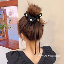 South Korean pearl silk with bow tie head rope headgear Girl Brief Temperament Zama Tail Leather Fascia Hair Rope Large Intestine Hair
