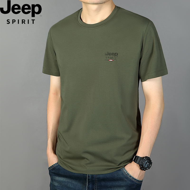 Jeep Modal Cotton Short Sleeve T-Shirt for Men 2026 Summer New Ice Silk Embroidered Half-Sleeve Casual Crew Neck Top