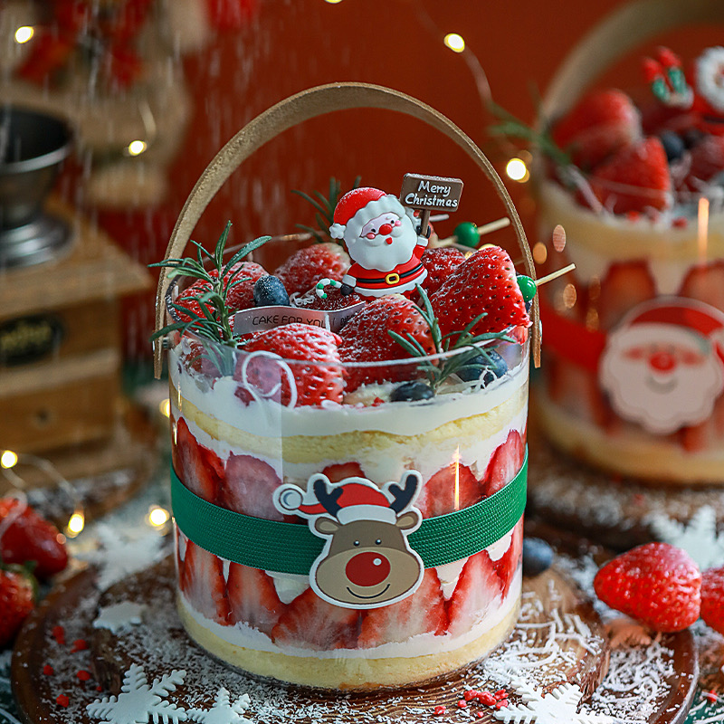 Net Red Christmas Transparent Hand Bucket Cake Decoration Santa Elk Elk Strawberry Cream Barrel Dessert Packaging Box-Taobao