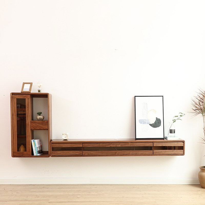 Black Walnuts Wood TV Cabinet Hanging Wall Wall-mounted Suspension Suspended Simple About Small Family Type Ultra Narrow Bedroom Solid Wood Hanging Cabinet