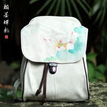 Chinese style hand-painted lotus pattern retro backpack literary canvas bag simple leisure travel casual backpack women