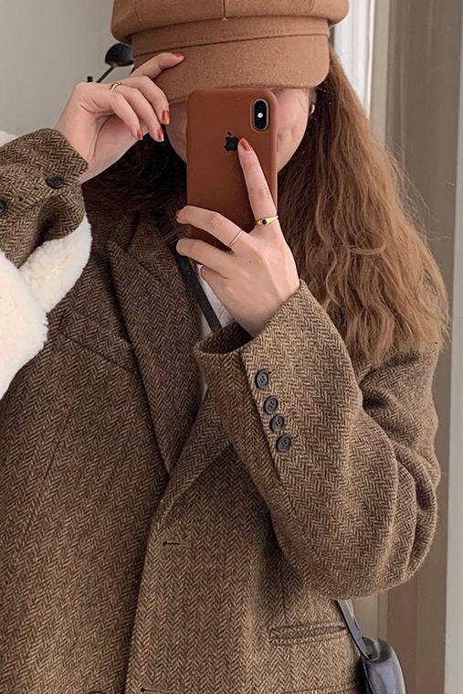 2026 Spring and Autumn Niche Design Coffee-Colored Woolen Blazer for Women, High-End Herringbone Cashmere Top, Versatile