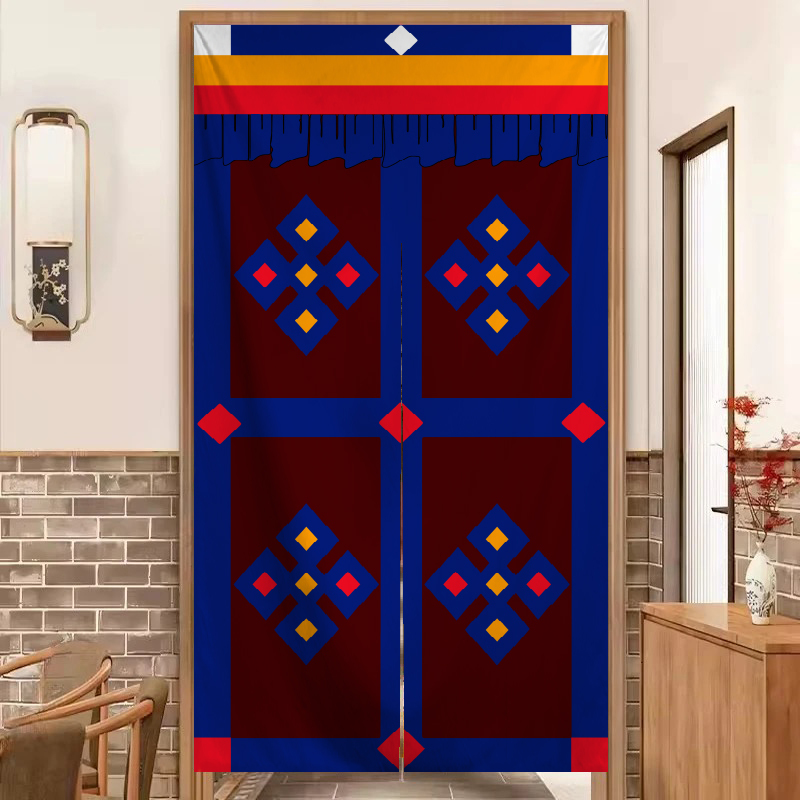 Tibetan-Style Door Curtain with Auspicious Eight Treasures for Living Room, Kitchen Partition, Bathroom, Tibetan Ethnic Household Half Curtain, No Drilling Required