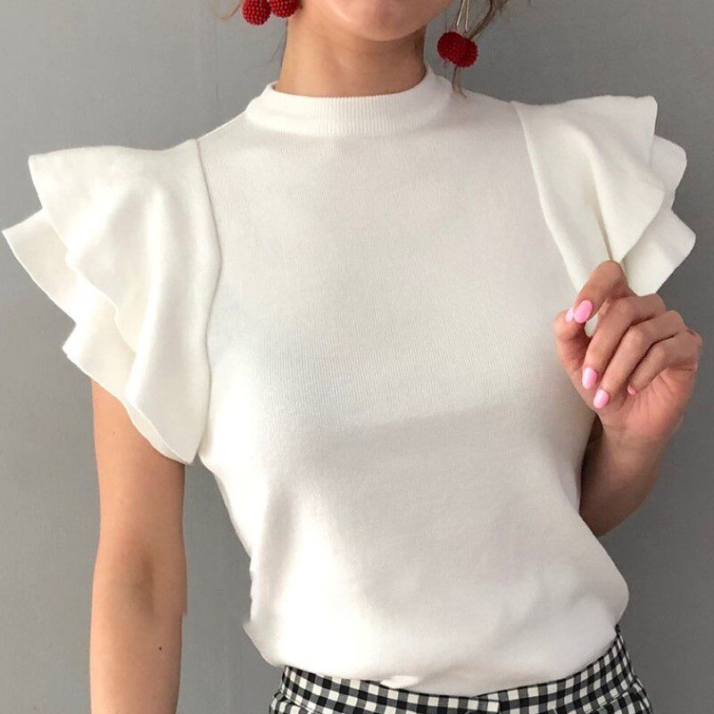 Sweet ruffle sleeve T-shirt crew neck panels white short sleeve shirt small man classic solid color mercerized cotton T-shirt commute