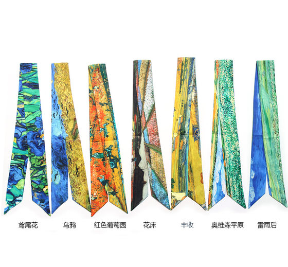 Van Gogh Wheat Field Apricot Blossom Starry Sky Oil Painting Slender Strip Narrow Small Ribbon Tied Bag Handle Silk Scarf Headband Scarf Belt