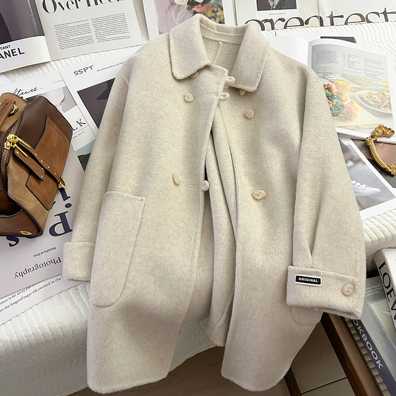 Beige Drop-Shoulder Wool Double-Sided Woolen Coat for Women 2025 Autumn and Winter New Style High-End Elegant Cashmere Coat