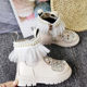 Children's lace lace retro rhinestone white martin boots 2021 autumn and winter plush leather shoes girls boots princess