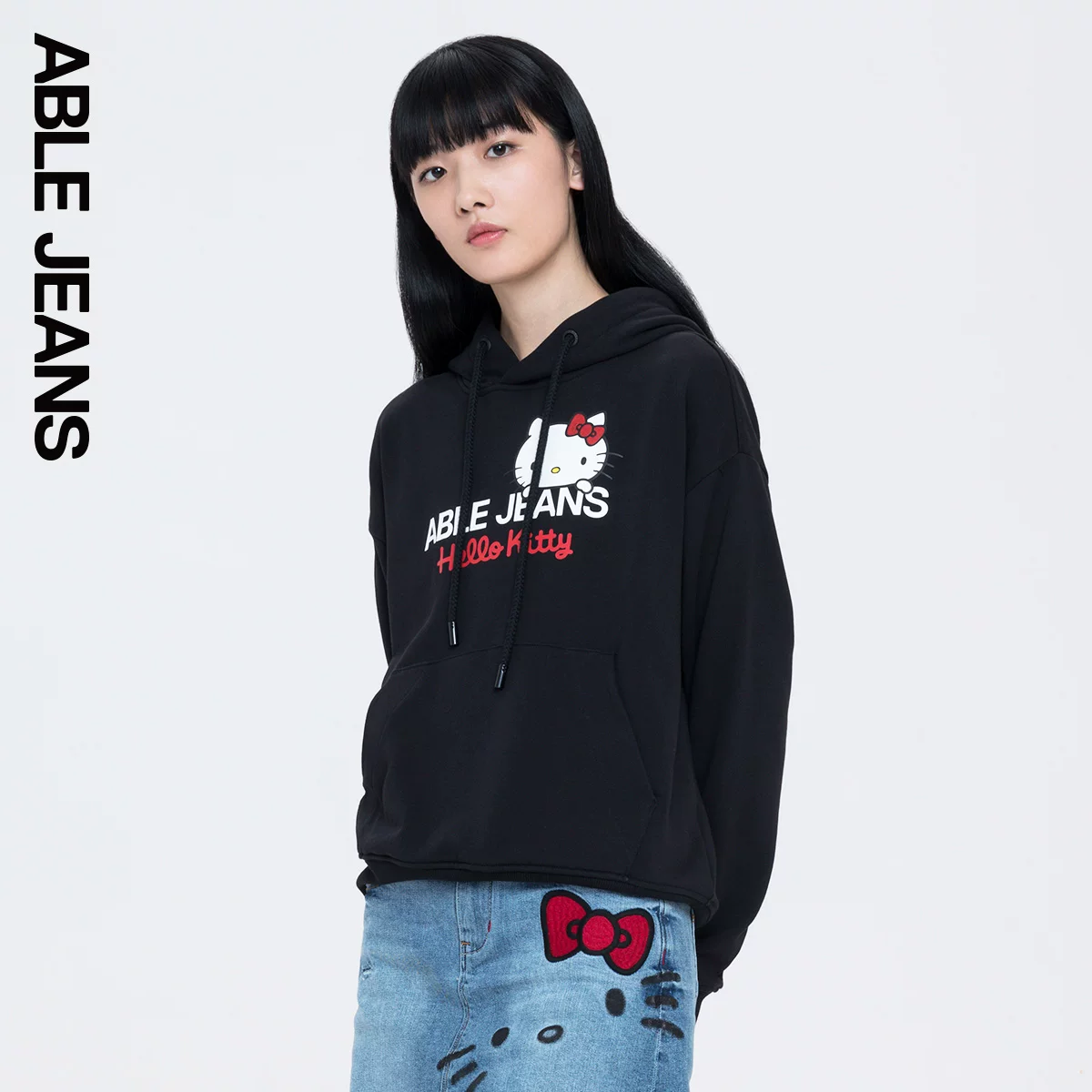 ABLE JEANS Hello kitty, черная мультяшная трендовая толстовка-худи, свитшот