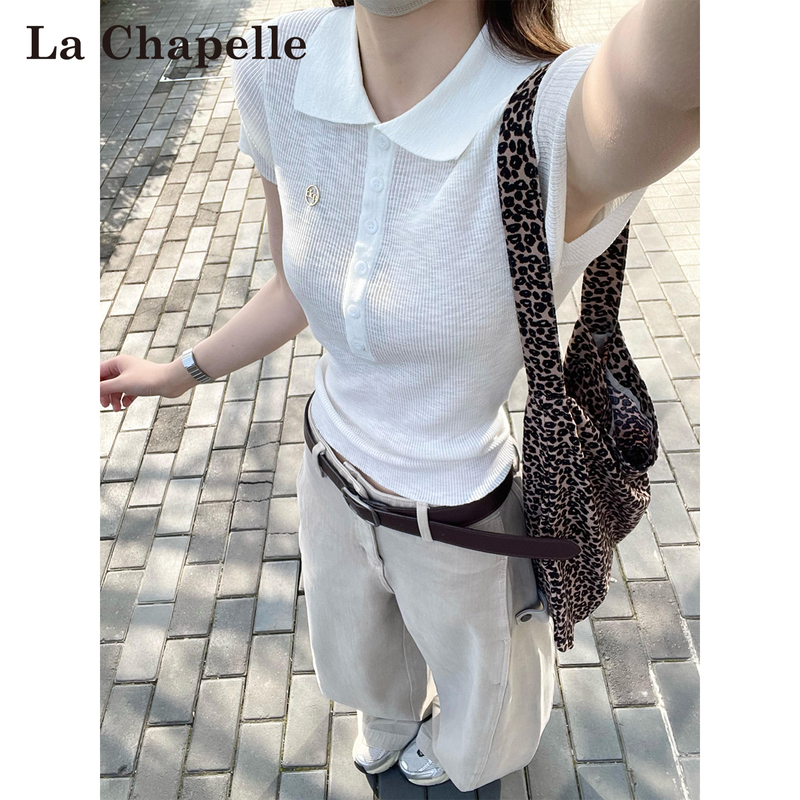La Chapelle Ice-Feel Knit Polo Collar Short-Sleeve T-Shirt for Women, 2026 New Summer Slightly Sheer White Turn-Down Collar Top